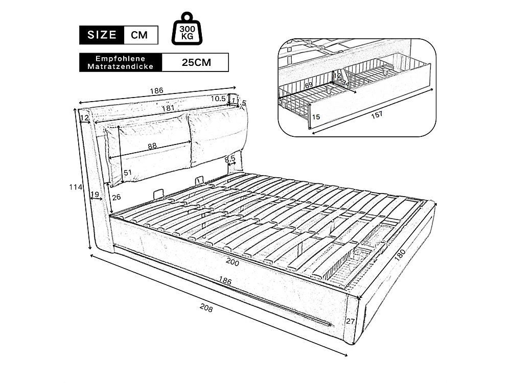 Hydraulisch gestoffeerd bed 180x200cm, opberglades, met lattenbodem, zonder matras, fluweel, beige
