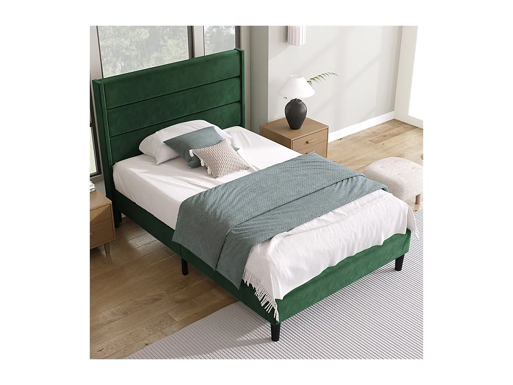 Gestoffeerd bed 90x200 cm, tweepersoonsbed met lattenbodem en hoofdbord, kinderbed, fluweel, donkergroen