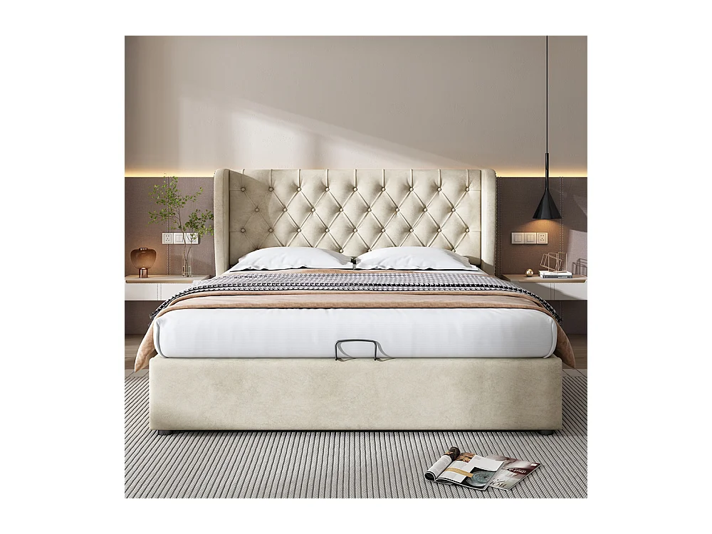 Hydraulisch gestoffeerd bed 140x190cm, opbergbed tweepersoonsbed, functioneel bed met lattenbodem, fluweel, beige