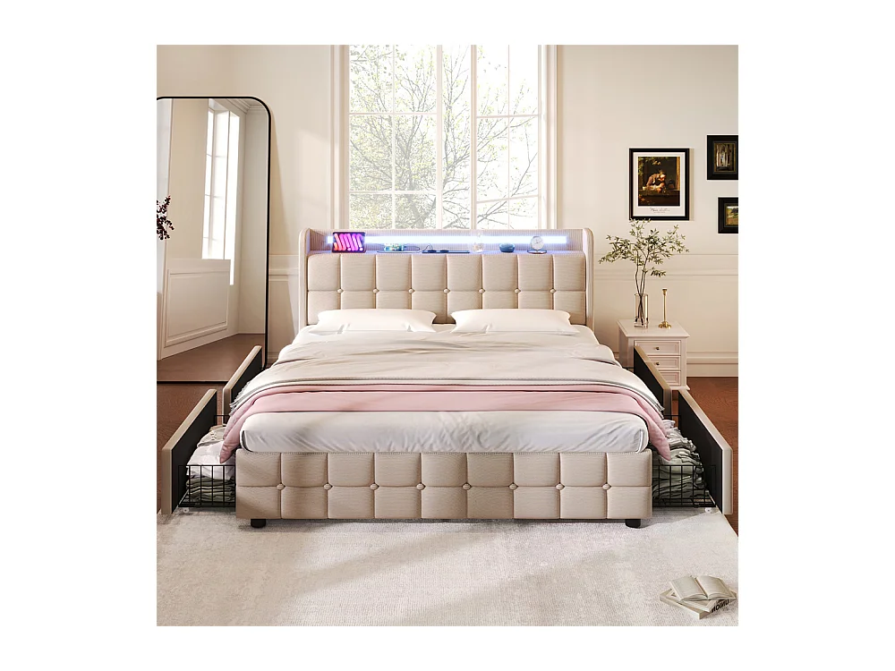 Lit rembourré 140x200cm lit de rangement lit 4 tiroirs lit éclairage led lit sommier à lattes en bois lit double lin beige