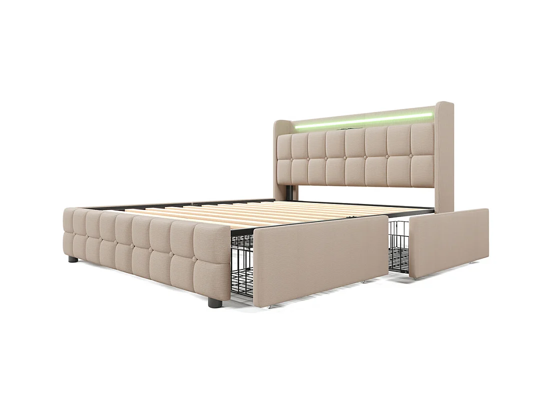 Lit rembourré 140x200cm lit de rangement lit 4 tiroirs lit éclairage led lit sommier à lattes en bois lit double lin beige