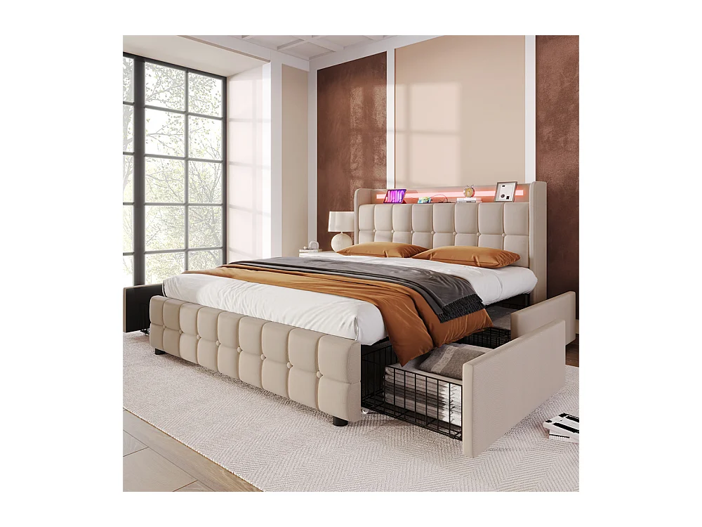Lit rembourré 140x200cm lit de rangement lit 4 tiroirs lit éclairage led lit sommier à lattes en bois lit double lin beige