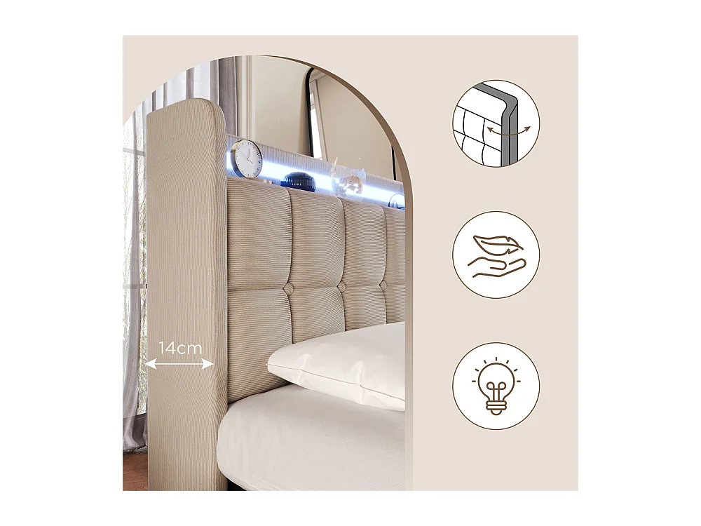 Lit rembourré 140x200cm lit de rangement lit 4 tiroirs lit éclairage led lit sommier à lattes en bois lit double lin beige