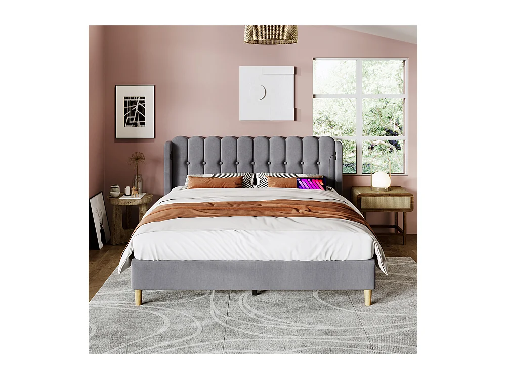 Lit adulte lit 160x200 cm lit rembourré avec fonction de charge usb type c lit double lin gris