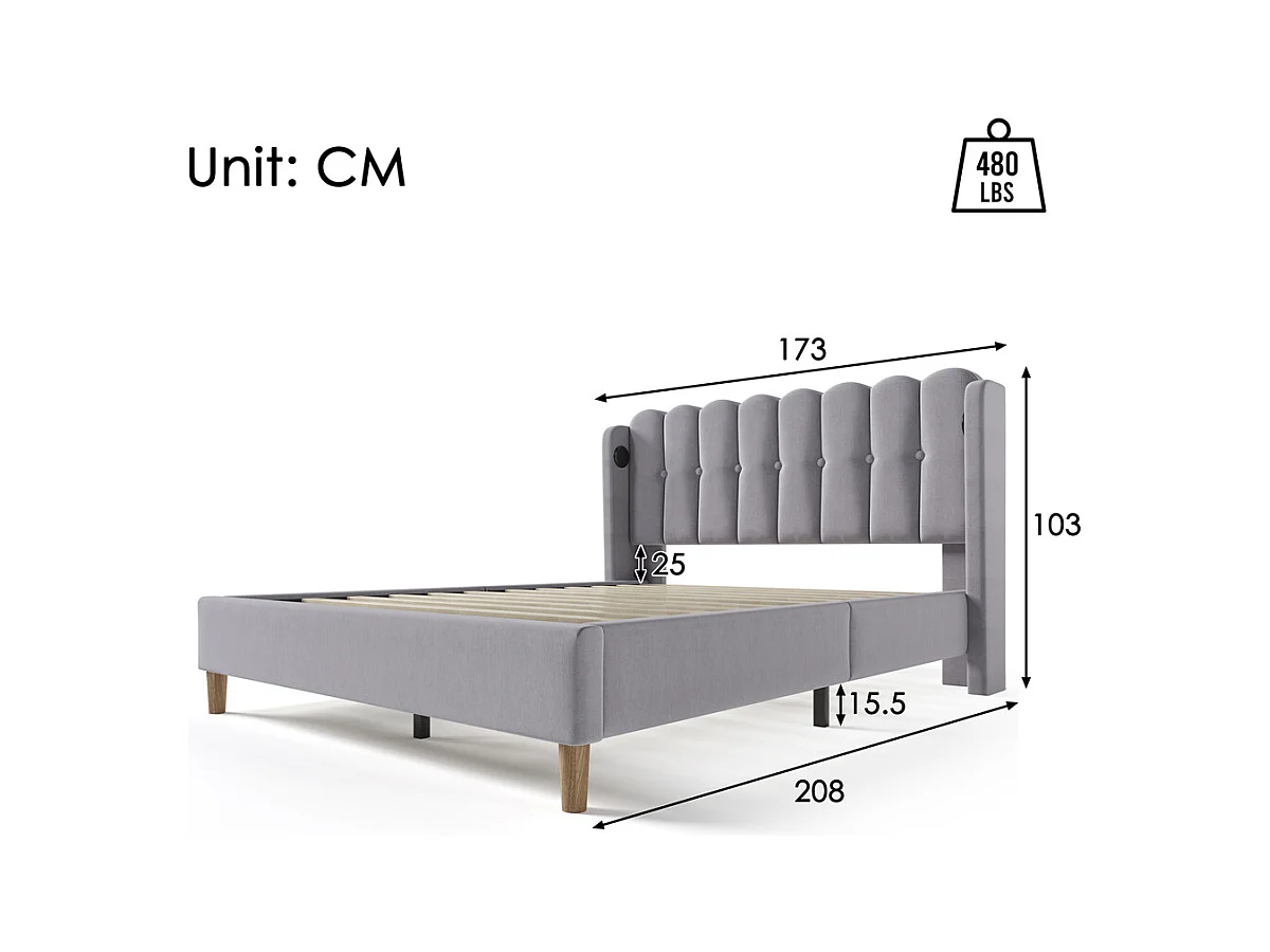 Lit adulte lit 160x200 cm lit rembourré avec fonction de charge usb type c lit double lin gris