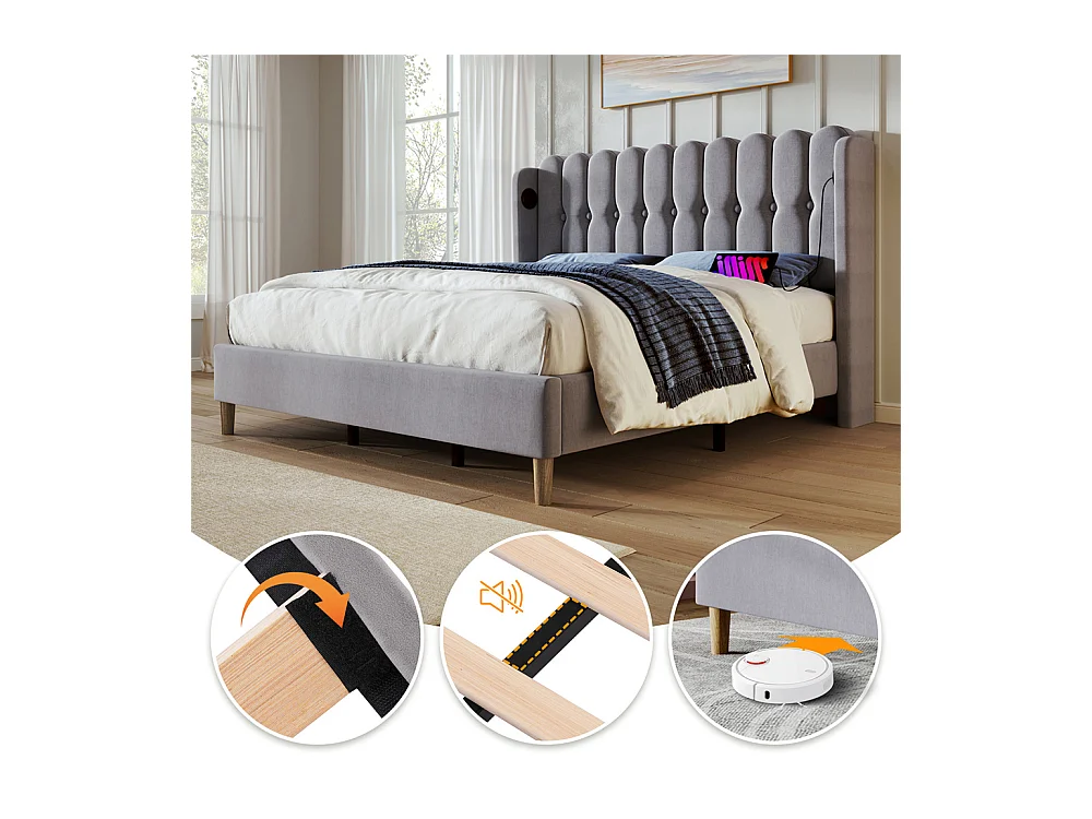Lit adulte lit 160x200 cm lit rembourré avec fonction de charge usb type c lit double lin gris