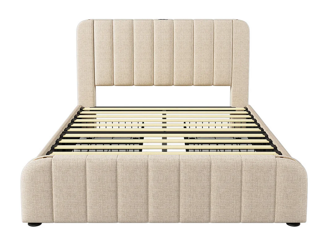 Gestoffeerd bed 140x200 cm bed 4 laden bed USB type-c oplaadfunctie bed gouden decoratieve strepen tweepersoonsbed beige linnen