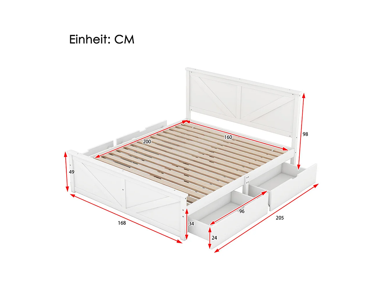 Lit adulte lit 160x200 cm avec 4 tiroirs Single pin blanc