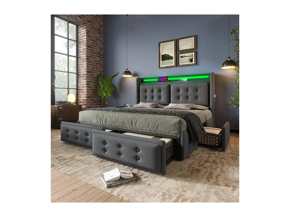 Volwassen bed 140x200 cm bed gestoffeerd bed 4 laden bed opbergbed met houten lattenbodem tweepersoonsbed katoen linnen grijs