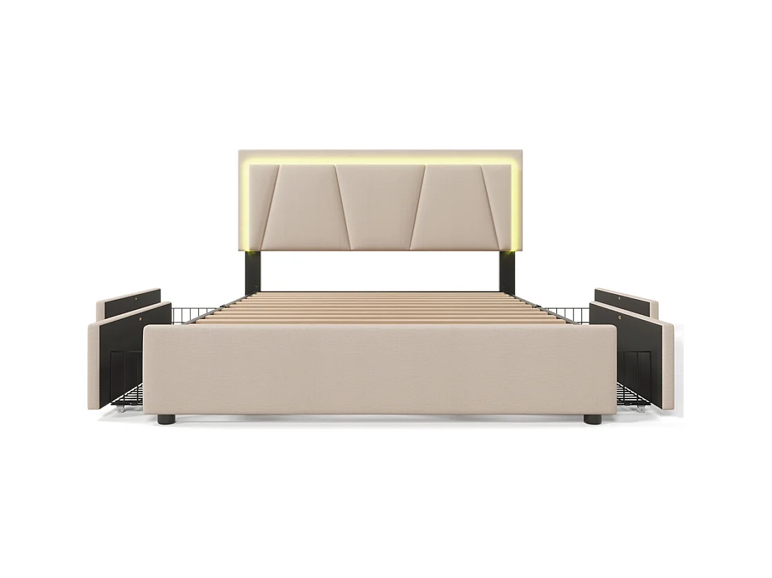 Lit adulte lit 140x200 cm lit rembourré lit eclairage led lit 4 tiroirs lit sommier à lattes en bois lit double lin beige