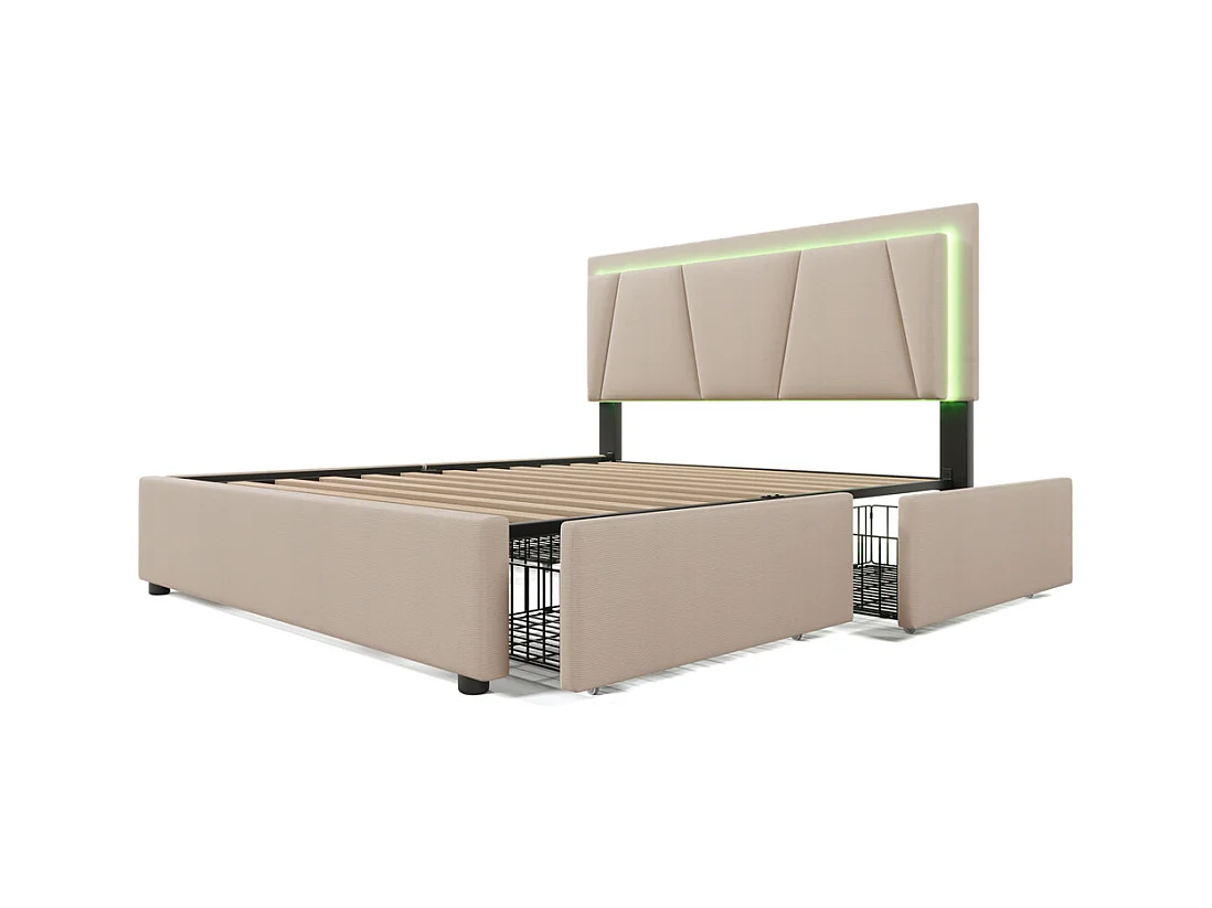Lit adulte lit 140x200 cm lit rembourré lit eclairage led lit 4 tiroirs lit sommier à lattes en bois lit double lin beige