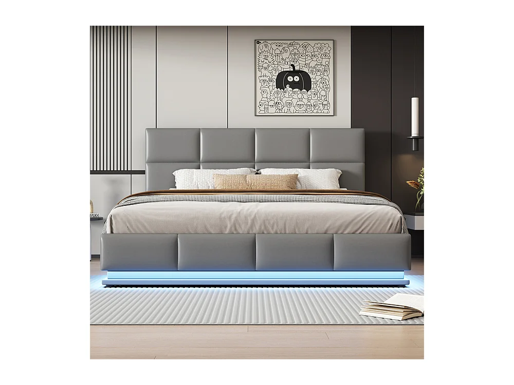 Volwassen bed 180x200 cm hydraulisch gestoffeerd bed met LED-verlichting tweepersoonsbed kunstleer grijs cement