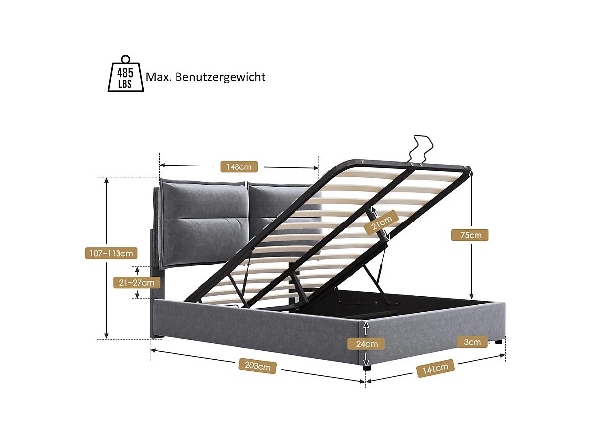 Volwassen bed 140x200 cm hydraulisch gestoffeerd bed opbergbed tweepersoonsbed grijs fluweel