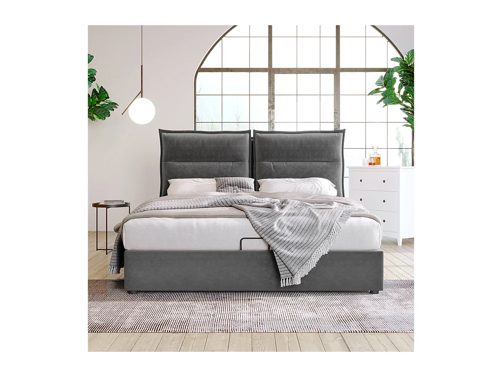 Volwassen bed 140x200 cm hydraulisch gestoffeerd bed opbergbed tweepersoonsbed grijs fluweel