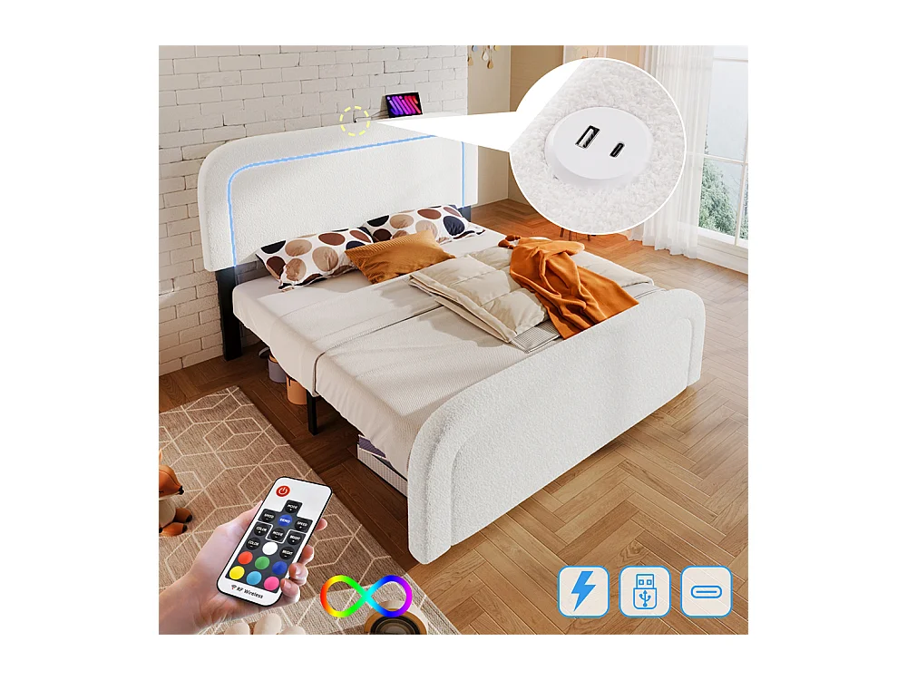 Gestoffeerd bed 160x200 cm met USB type C oplaadfunctie LED-verlichting houten lattenbodem tweepersoonsbed wit