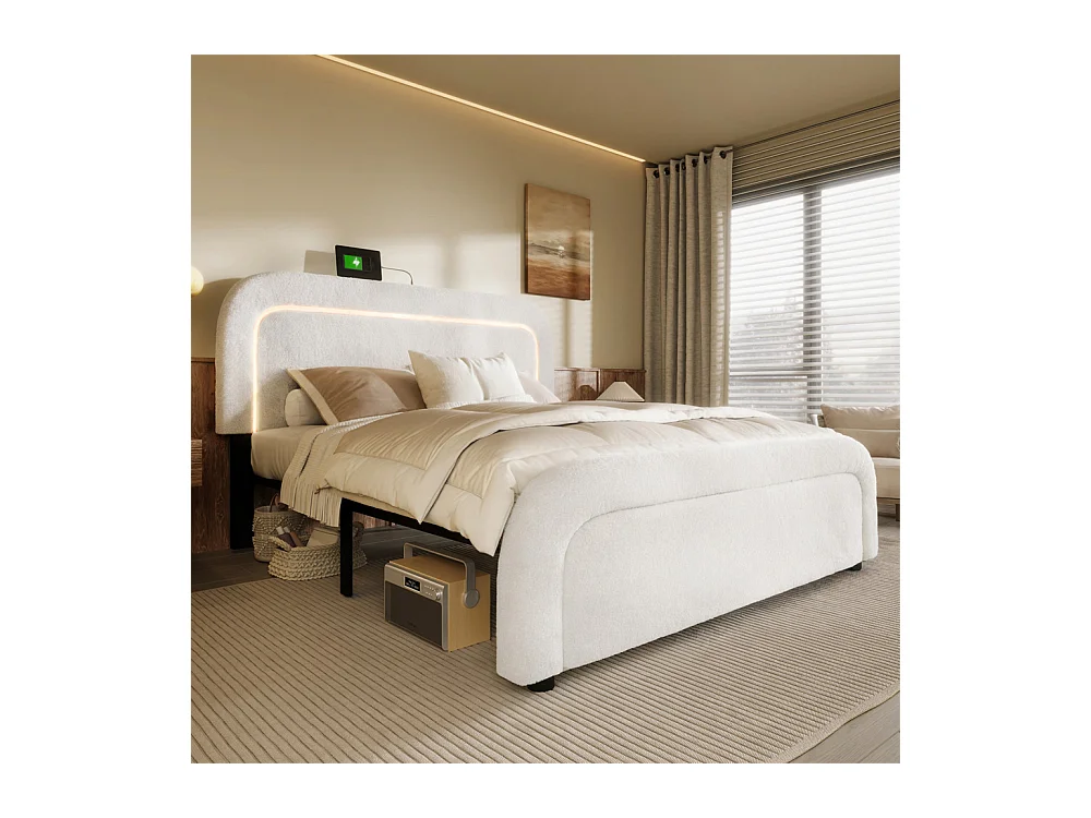 Gestoffeerd bed 160x200 cm met USB type C oplaadfunctie LED-verlichting houten lattenbodem tweepersoonsbed wit