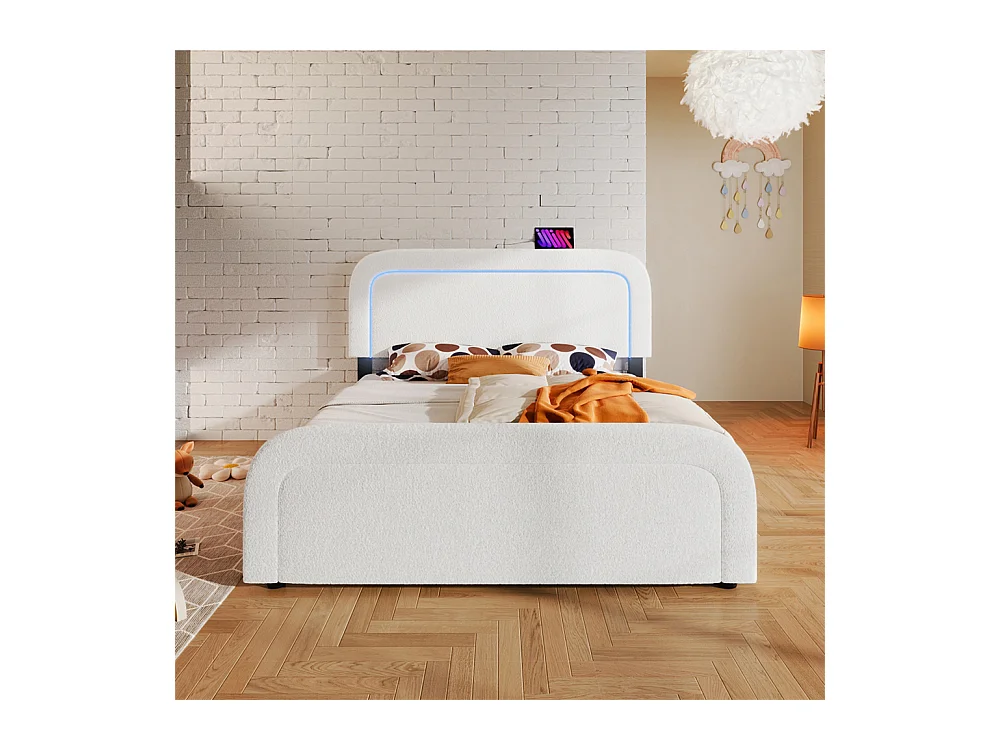 Gestoffeerd bed 160x200 cm met USB type C oplaadfunctie LED-verlichting houten lattenbodem tweepersoonsbed wit