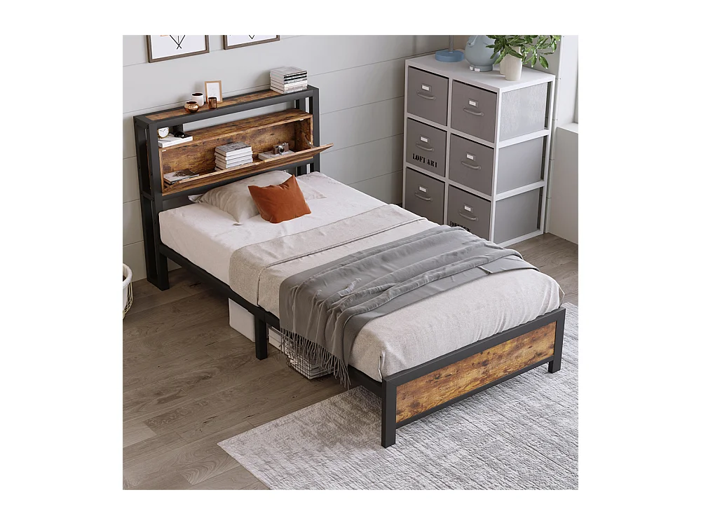 Volwassen bed 90x200 cm bed opbergruimte hoofdeinde bed lattenbodem metalen bed Eenpersoonsbed metaal + mdf Neutraal