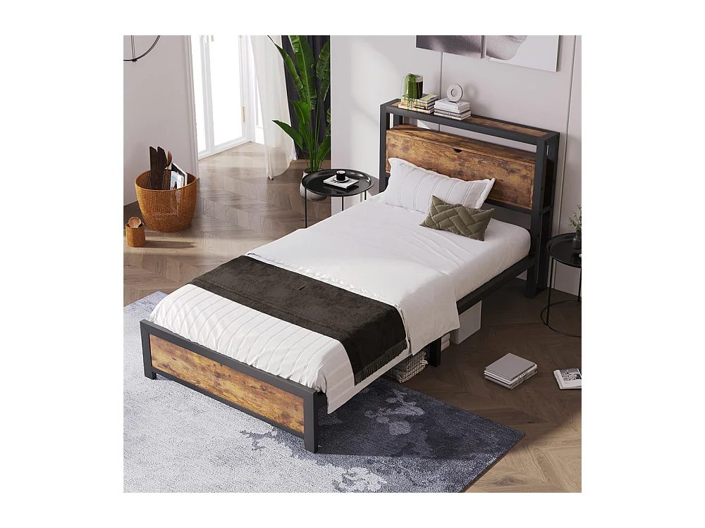 Volwassen bed 90x200 cm bed opbergruimte hoofdeinde bed lattenbodem metalen bed Eenpersoonsbed metaal + mdf Neutraal