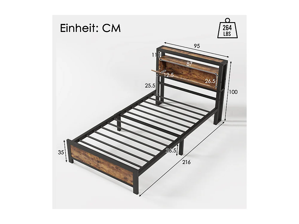 Volwassen bed 90x200 cm bed opbergruimte hoofdeinde bed lattenbodem metalen bed Eenpersoonsbed metaal + mdf Neutraal