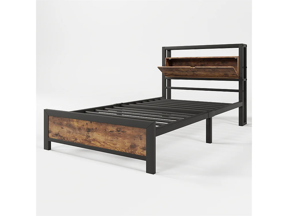 Volwassen bed 90x200 cm bed opbergruimte hoofdeinde bed lattenbodem metalen bed Eenpersoonsbed metaal + mdf Neutraal