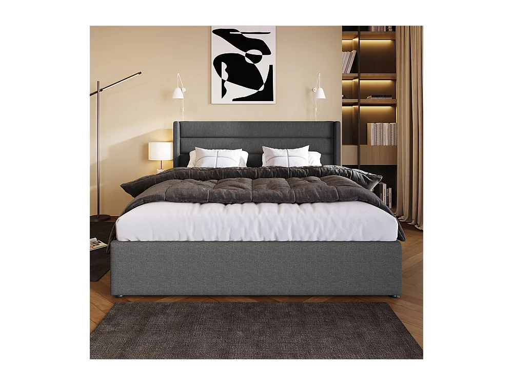 Lit rembourré hydraulique 160x200 cm lit de rangement lit sommier à lattes en bois lit en métal lit double lin gris