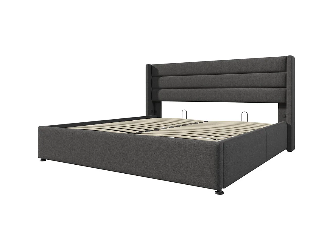 Lit rembourré hydraulique 160x200 cm lit de rangement lit sommier à lattes en bois lit en métal lit double lin gris