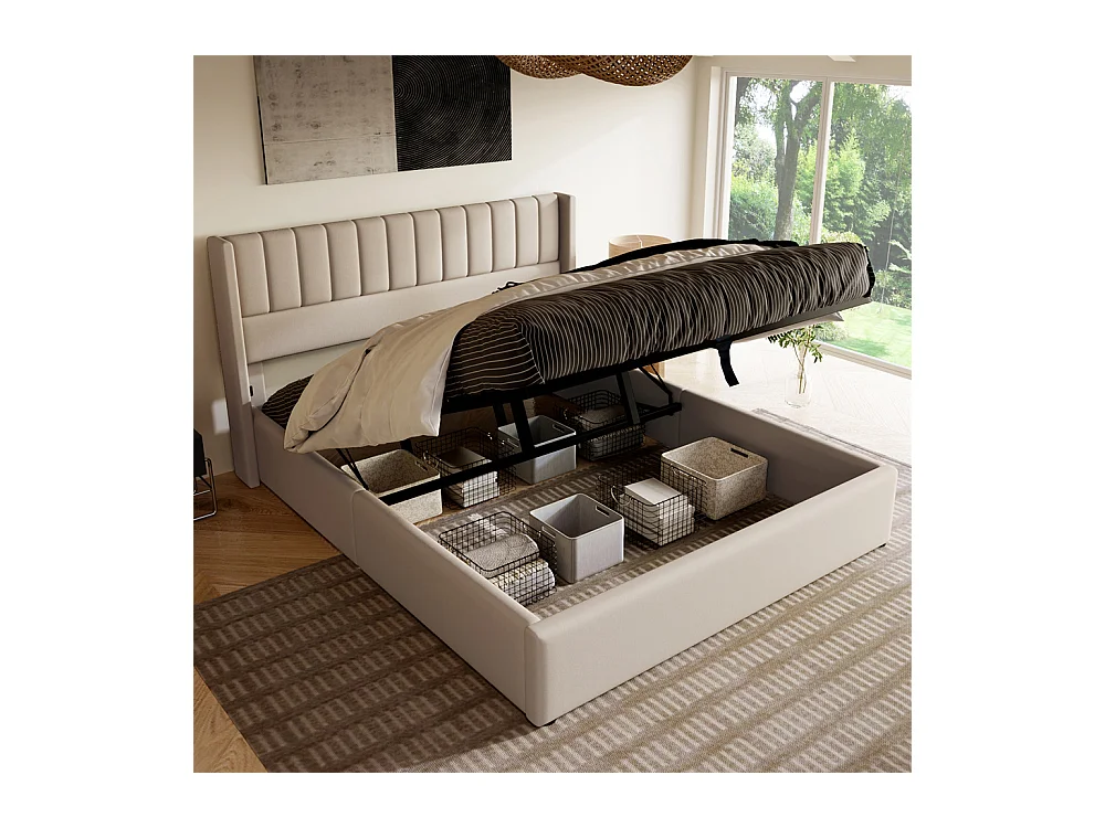 Hydraulisch gestoffeerd bed 140x200cm, bed met opbergruimte, tweepersoonsbed, met lattenbodem en metalen frame, linnen, beige