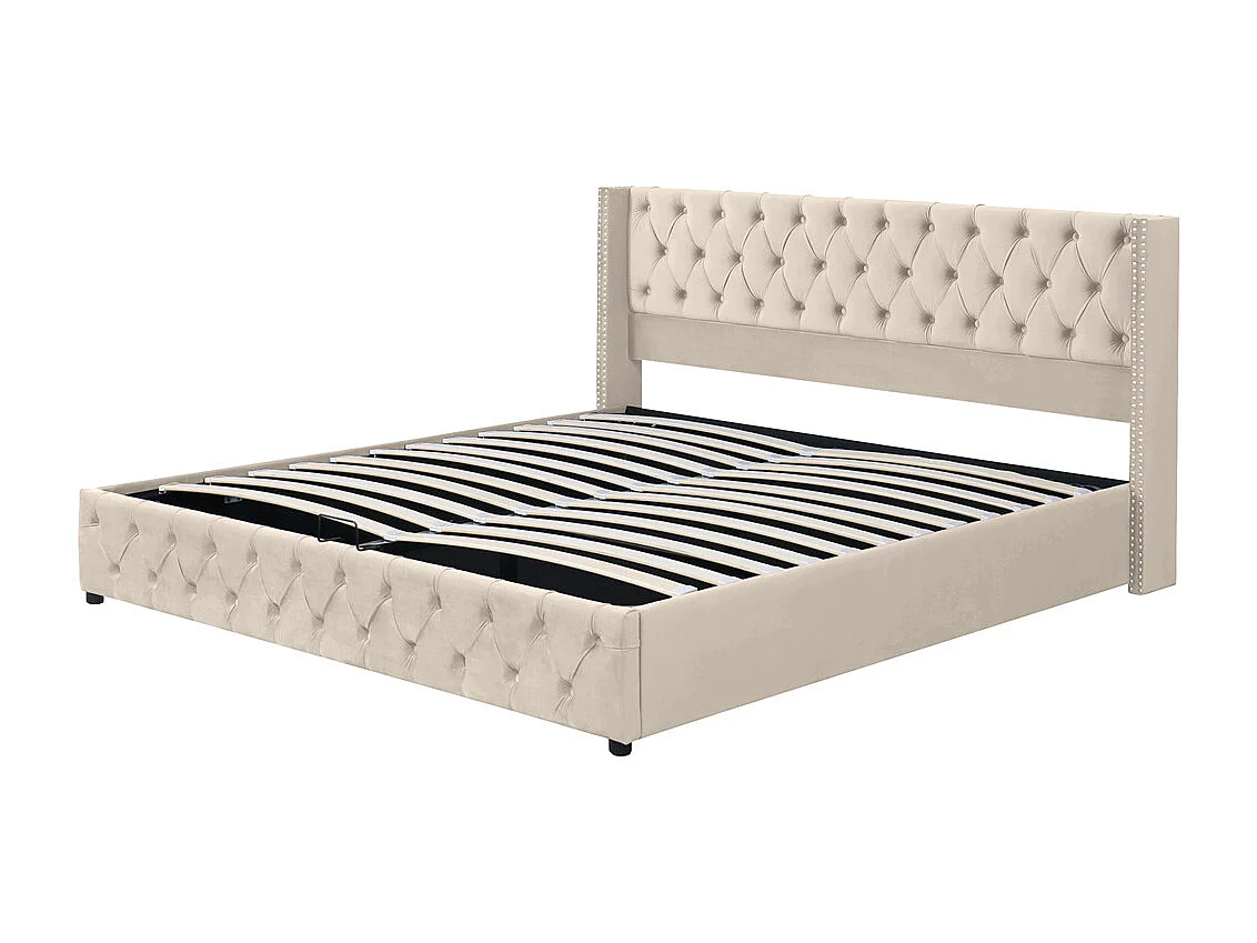 Volwassen bed opbergbed hydraulisch gestoffeerd bed opbergbed 180x200 cm bed metalen bed tweepersoonsbed beige fluweel