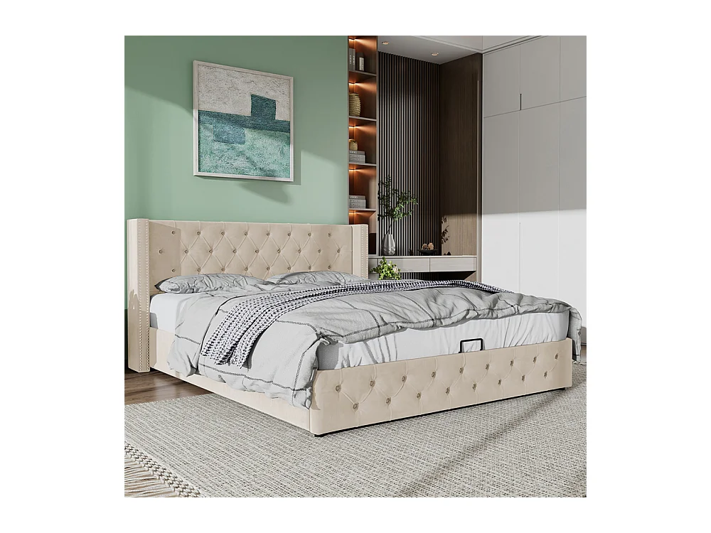 Volwassen bed opbergbed hydraulisch gestoffeerd bed opbergbed 180x200 cm bed metalen bed tweepersoonsbed beige fluweel