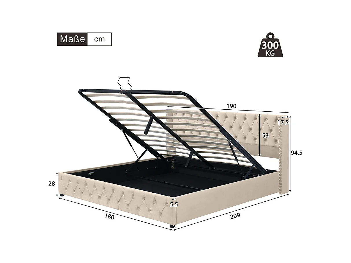 Volwassen bed opbergbed hydraulisch gestoffeerd bed opbergbed 180x200 cm bed metalen bed tweepersoonsbed beige fluweel