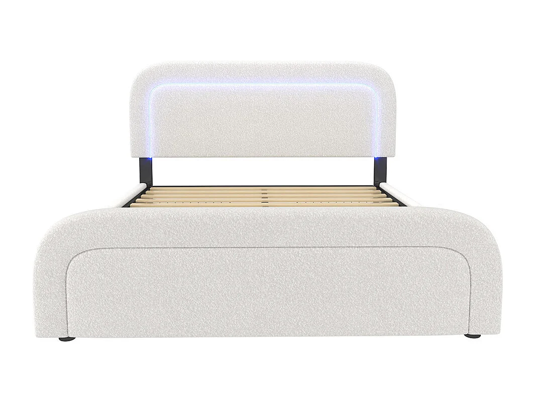 Lit adulte lit 140x200 cm lit rembourré lit éclairage led lit 4 tiroirs lit sommier à lattes en bois lit double sherpa blanc