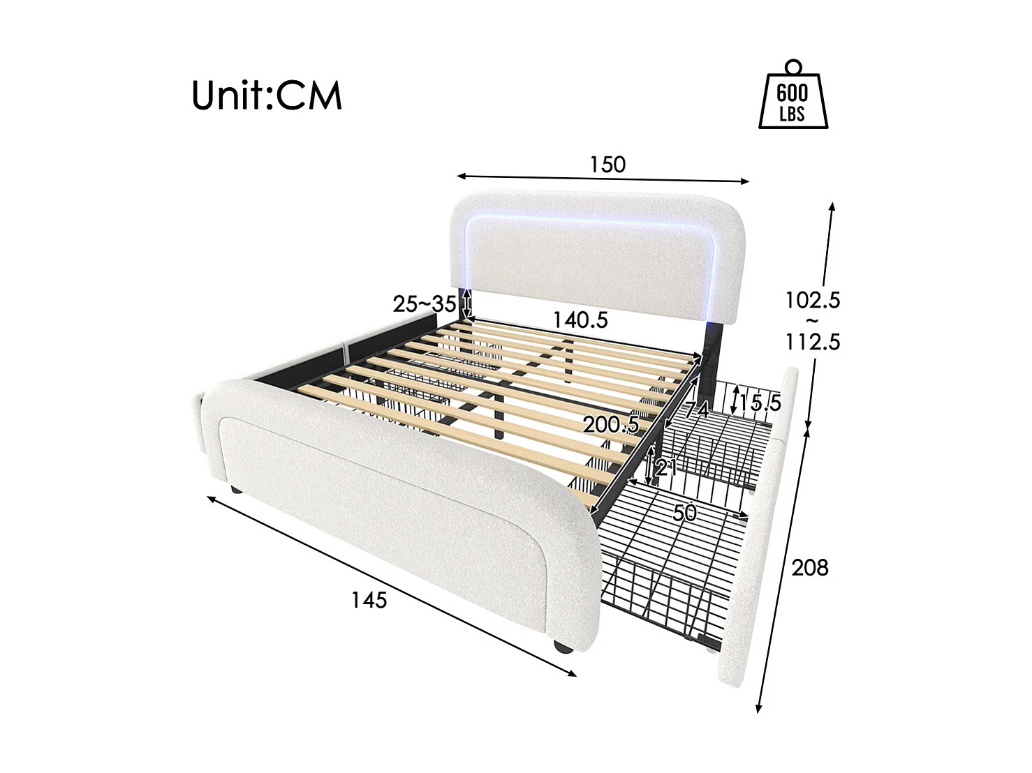 Lit adulte lit 140x200 cm lit rembourré lit éclairage led lit 4 tiroirs lit sommier à lattes en bois lit double sherpa blanc