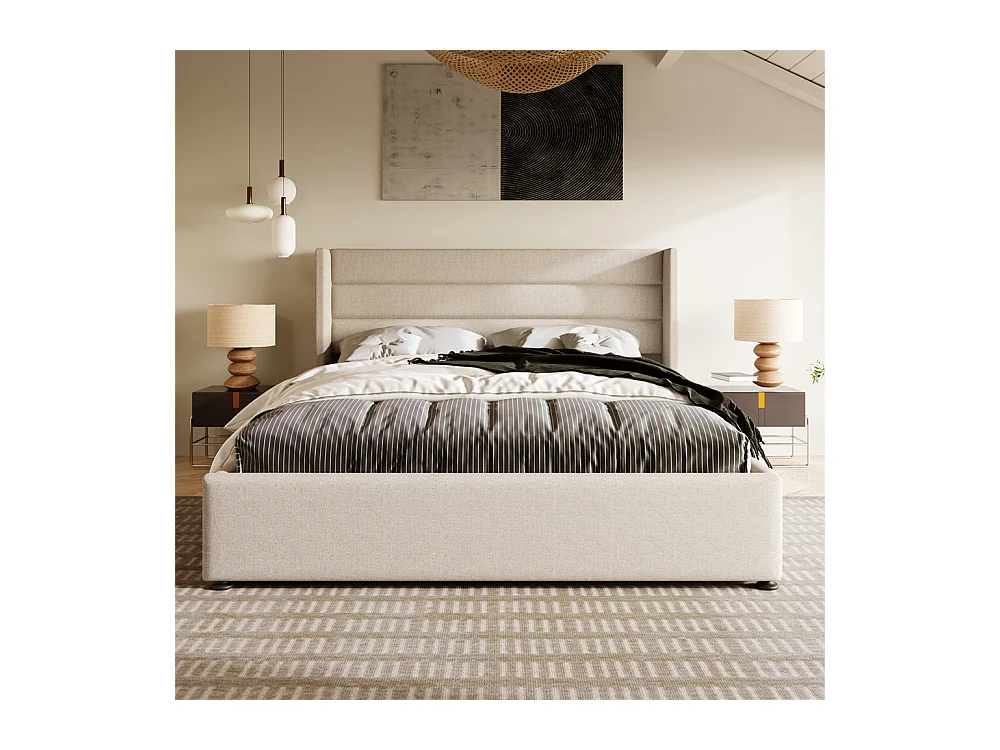 Hydraulisch gestoffeerd bed 180x200 cm, opbergbed met houten lattenbodem, metalen bed, tweepersoonsbed, linnen, beige