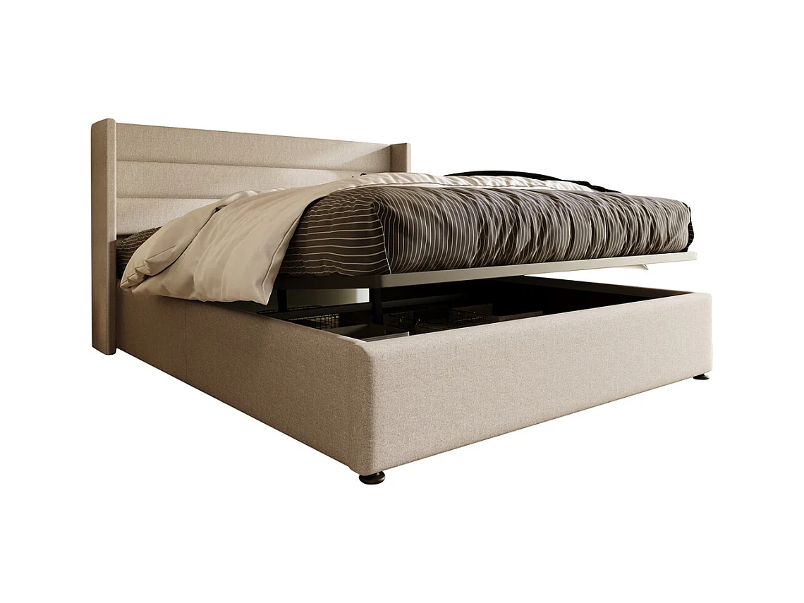Hydraulisch gestoffeerd bed 180x200 cm, opbergbed met houten lattenbodem, metalen bed, tweepersoonsbed, linnen, beige