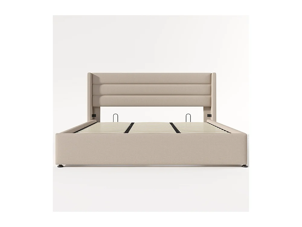 Hydraulisch gestoffeerd bed 180x200 cm, opbergbed met houten lattenbodem, metalen bed, tweepersoonsbed, linnen, beige