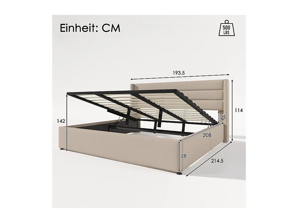 Hydraulisch gestoffeerd bed 180x200 cm, opbergbed met houten lattenbodem, metalen bed, tweepersoonsbed, linnen, beige