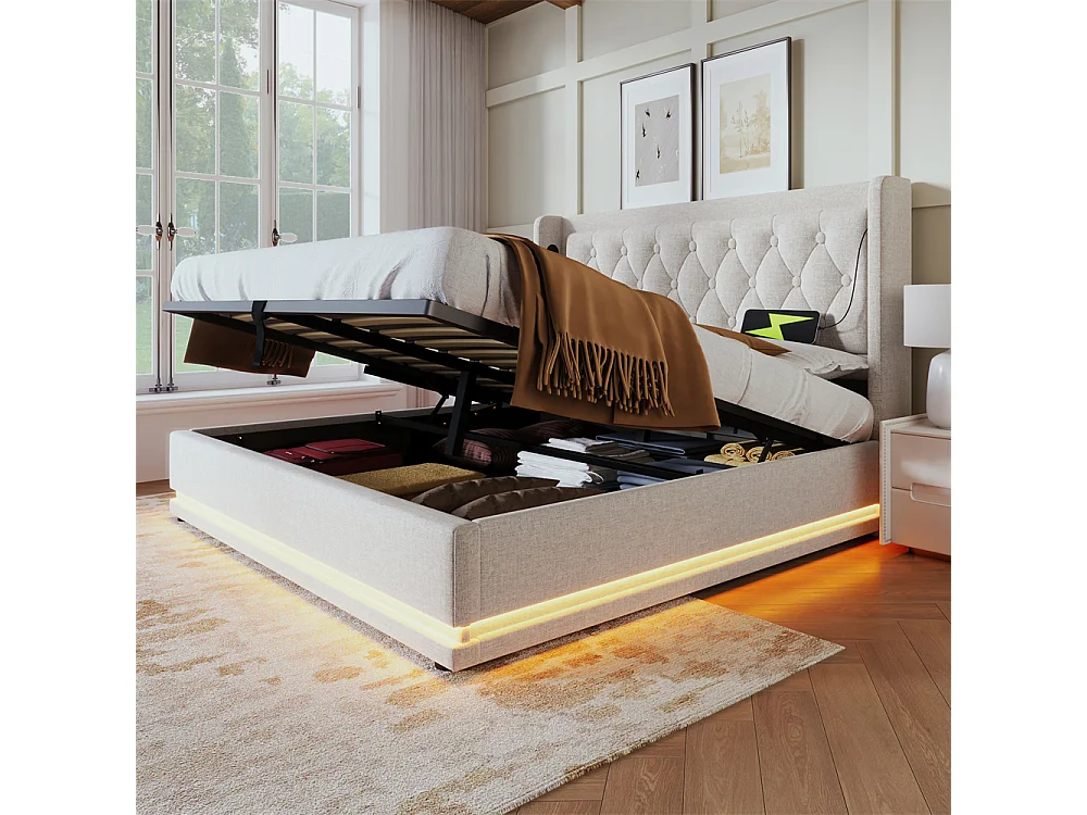 Volwassen bed 160x200 cm hydraulisch gepolsterd bed opbergbed tweepersoonsbed beige katoen