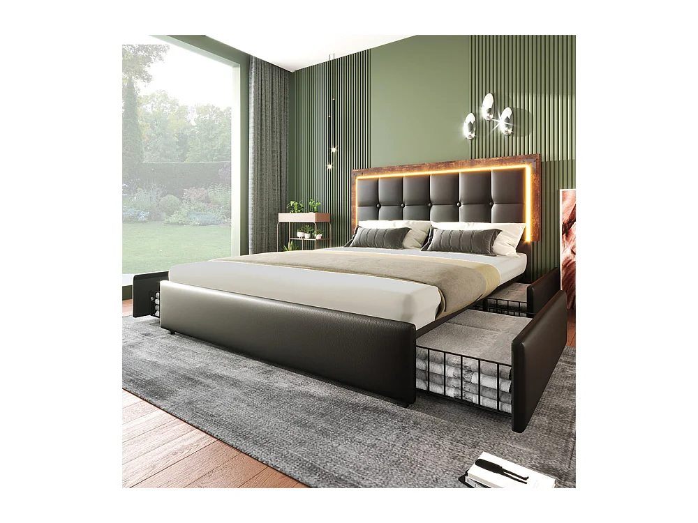 Volwassen bed 160x200 cm gestoffeerd bed met LED-lichtstrip en 4 lades tweepersoonsbed zwart PU