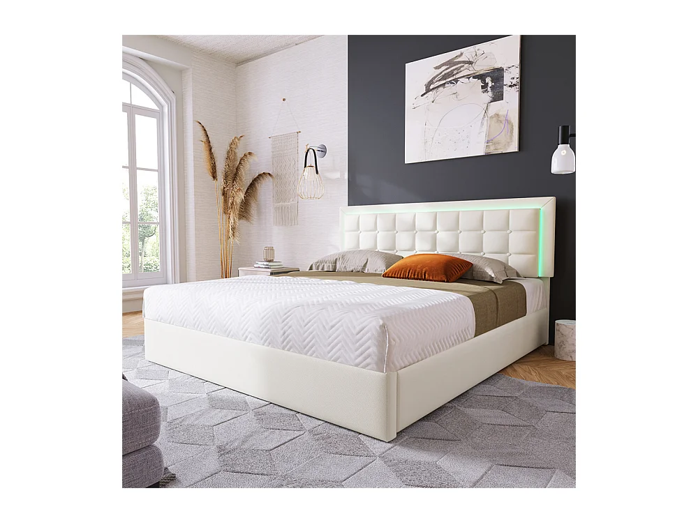 Lit adulte lit 180x200 cm lit rembourré lit de rangement lit sommier à lattes lit barre d'éclairage led lit double cuir pu blanc
