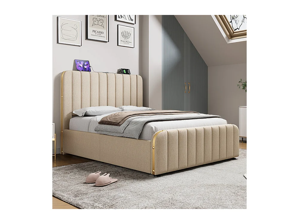 Lit adulte lit coffre lit 160x200 cm lit de rangement lit rembourré hydraulique fonction de charge usb type-c lit double lin beige
