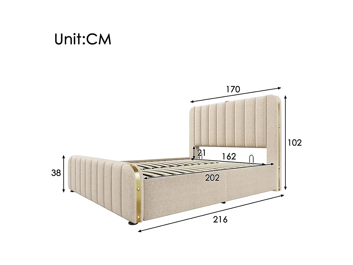 Lit adulte lit coffre lit 160x200 cm lit de rangement lit rembourré hydraulique fonction de charge usb type-c lit double lin beige
