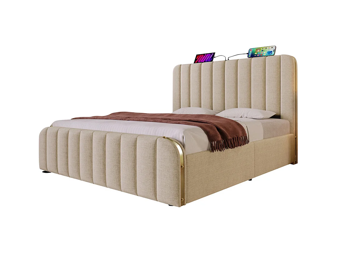 Lit adulte lit coffre lit 160x200 cm lit de rangement lit rembourré hydraulique fonction de charge usb type-c lit double lin beige