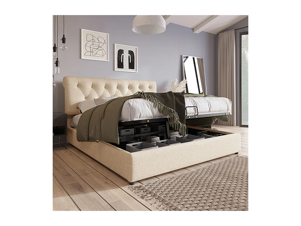 Hydraulisch gestoffeerd bed met opbergruimte 160x200 cm opbergbed metalen bed tweepersoonsbed lichtgrijs linnen