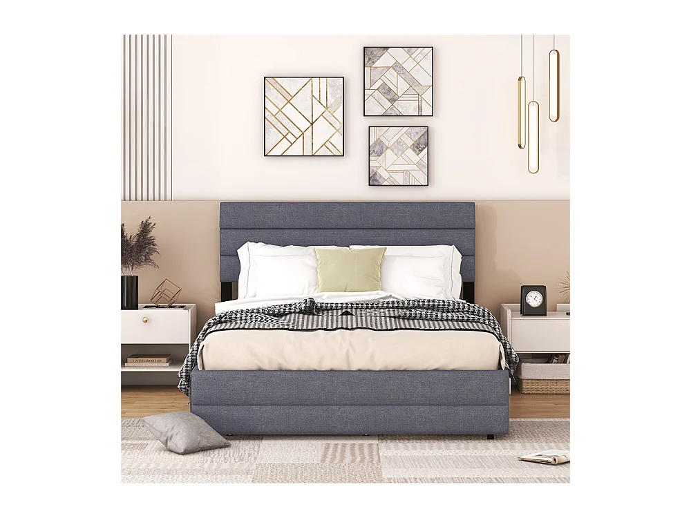 Lit adulte lit 140x200 cm avec brocheuse et deux tiroirs lit double lin gris