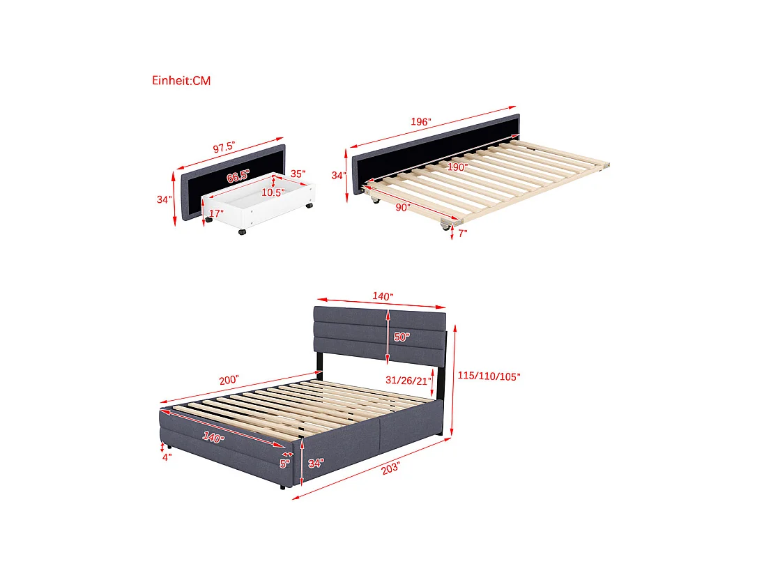 Lit adulte lit 140x200 cm avec brocheuse et deux tiroirs lit double lin gris
