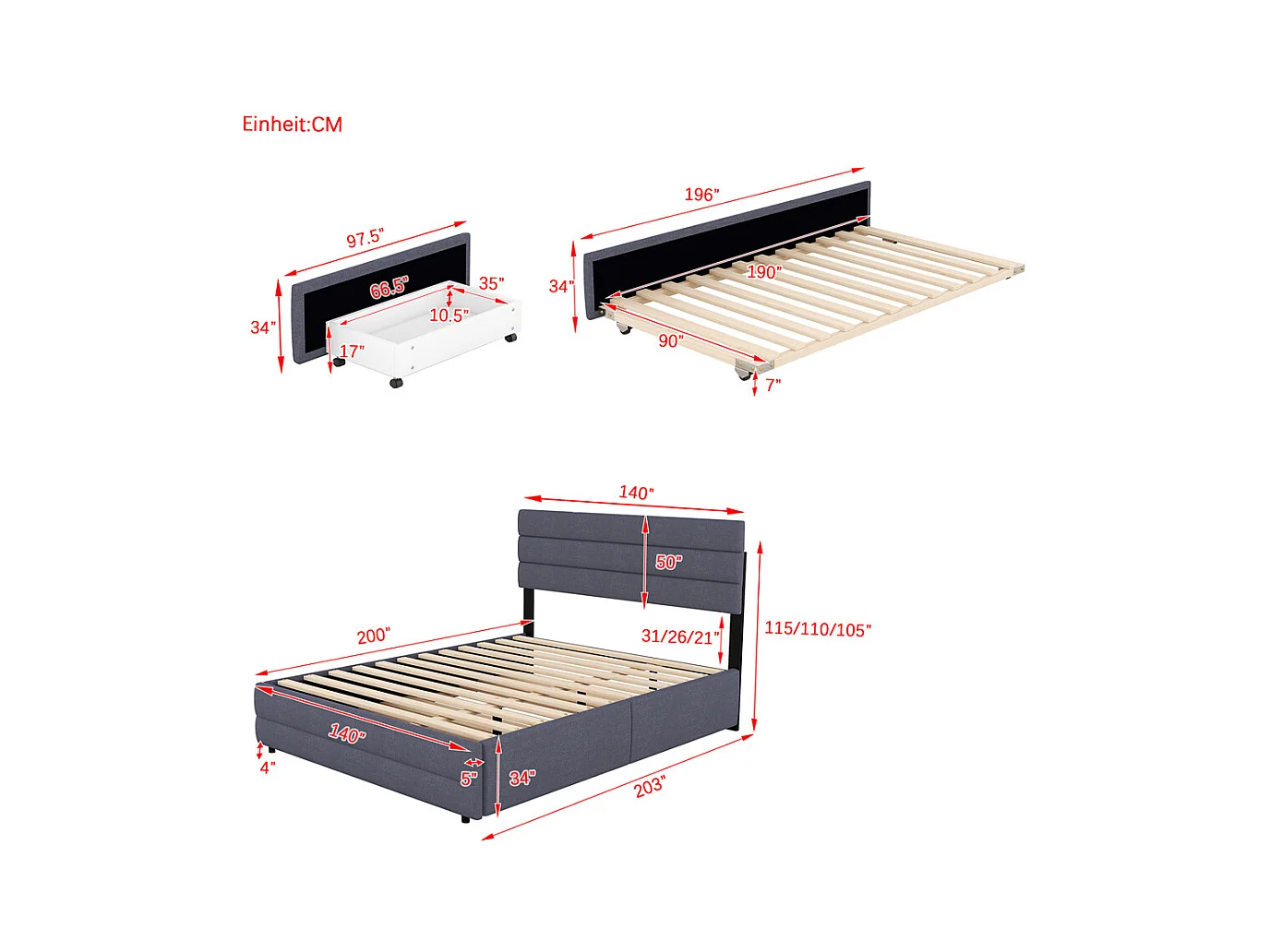 Lit adulte lit 140x200 cm avec brocheuse et deux tiroirs lit double lin gris