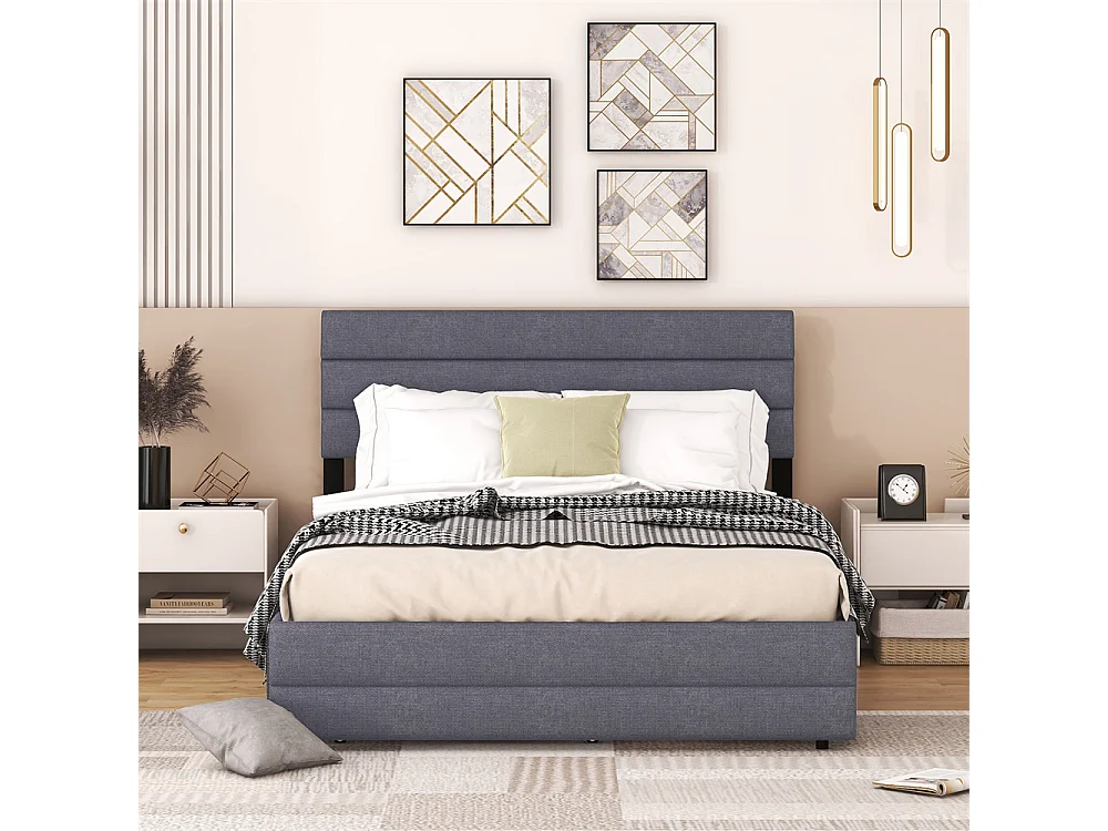 Lit adulte lit 140x200 cm avec brocheuse et deux tiroirs lit double lin gris