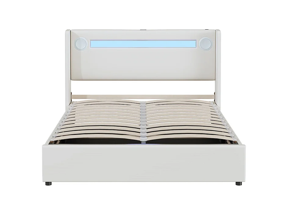 Lit rembourré 140x200cm avec sommier à lattes lit barre lumineuse à led lecteur bluetooth et recharge usb lit double cuir pu blanc