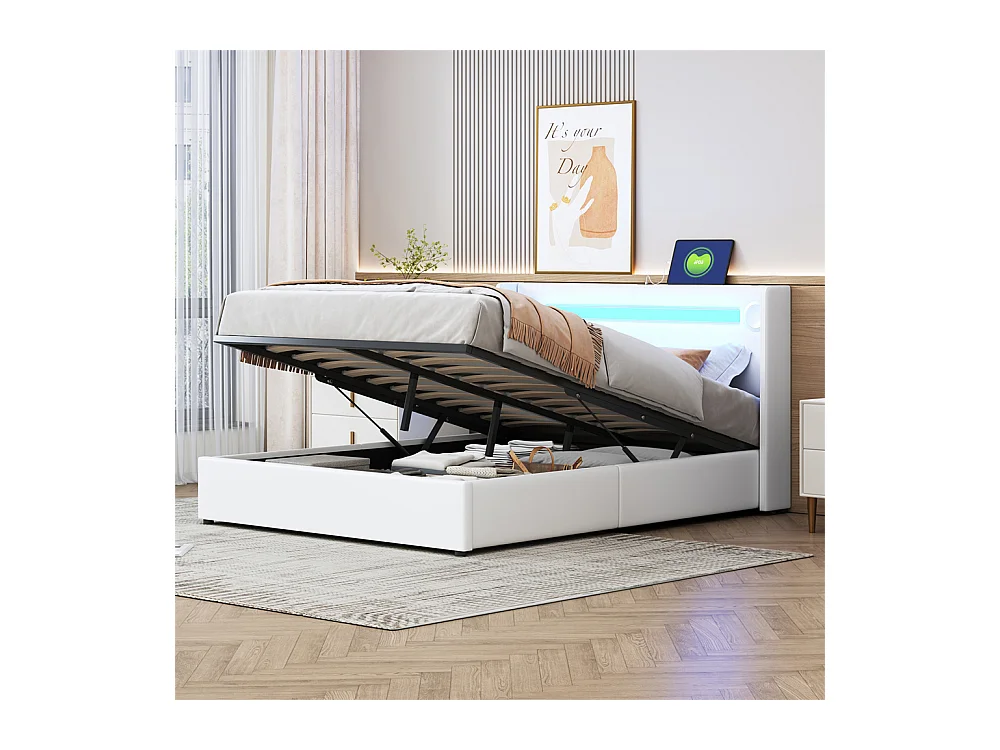 Lit rembourré 140x200cm avec sommier à lattes lit barre lumineuse à led lecteur bluetooth et recharge usb lit double cuir pu blanc